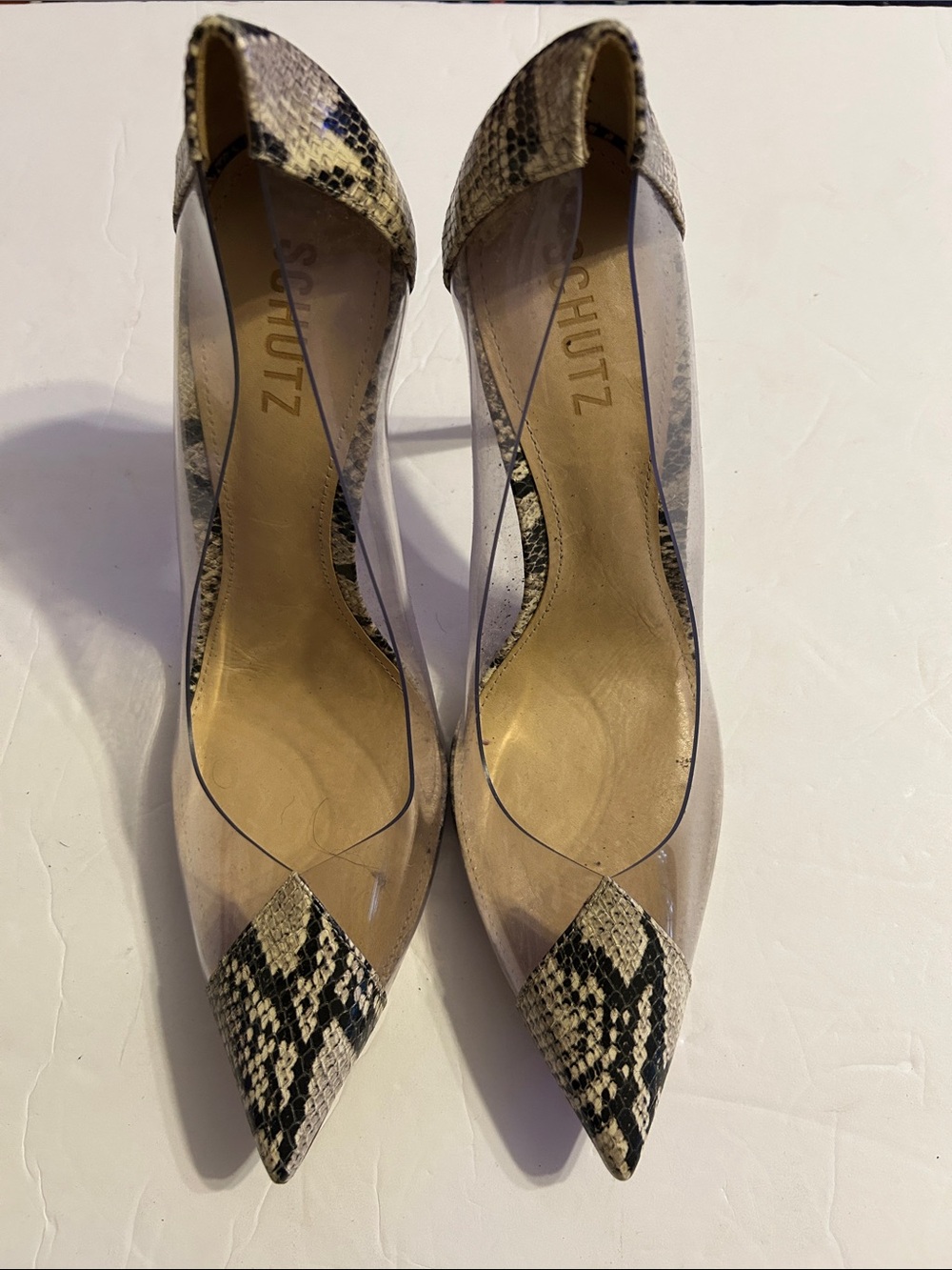 SCHUTZ Clear Pumps with Black and Cream Snake Print Pointed Toe